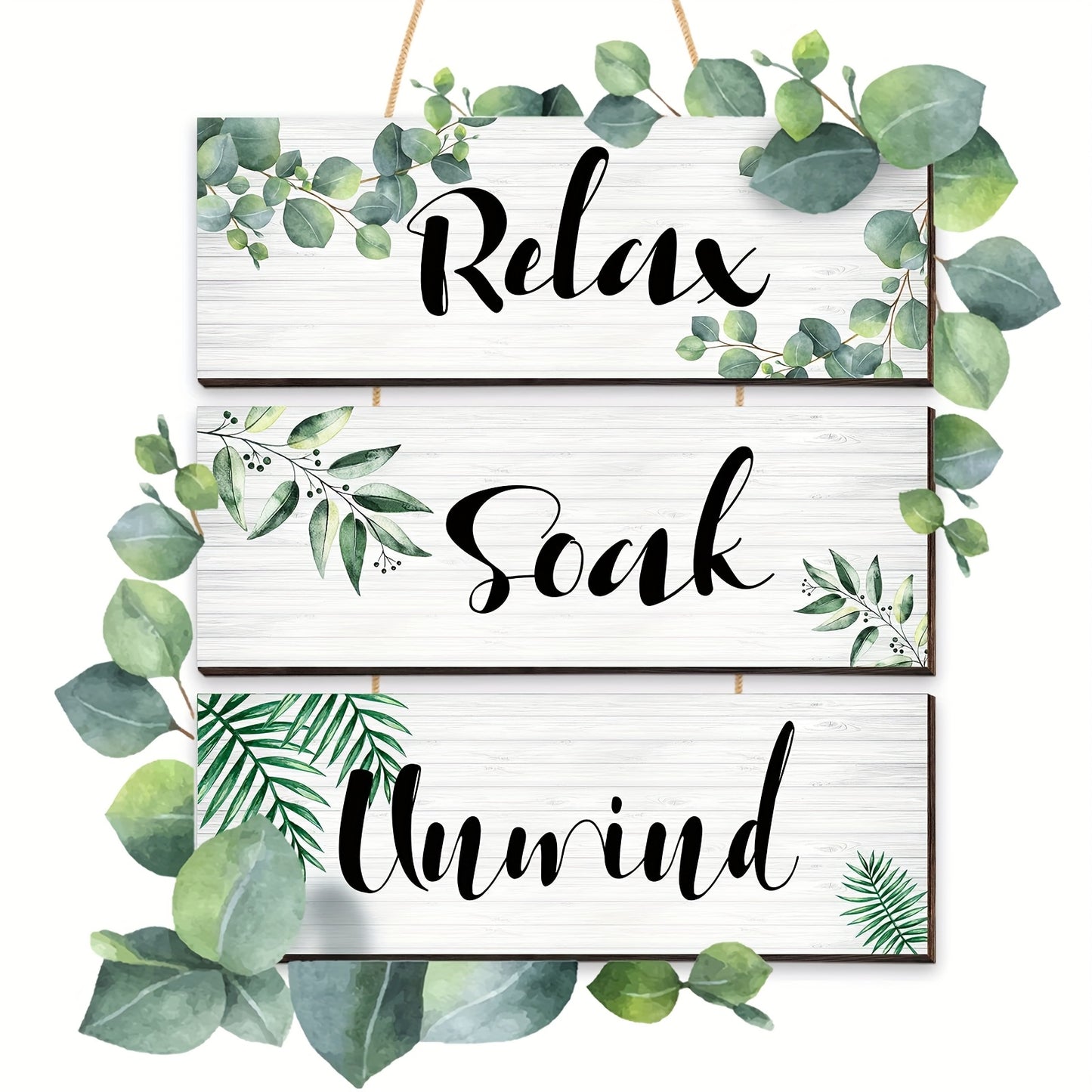 3pcs Wooden Sage Green Bathroom Wall Decor, Relaxing Soaking Relaxation Farmhouse Bathroom Wall Sign, Botanical Green Wooden Wall Art Decor for Bathroom Bedroom Living Room Decor