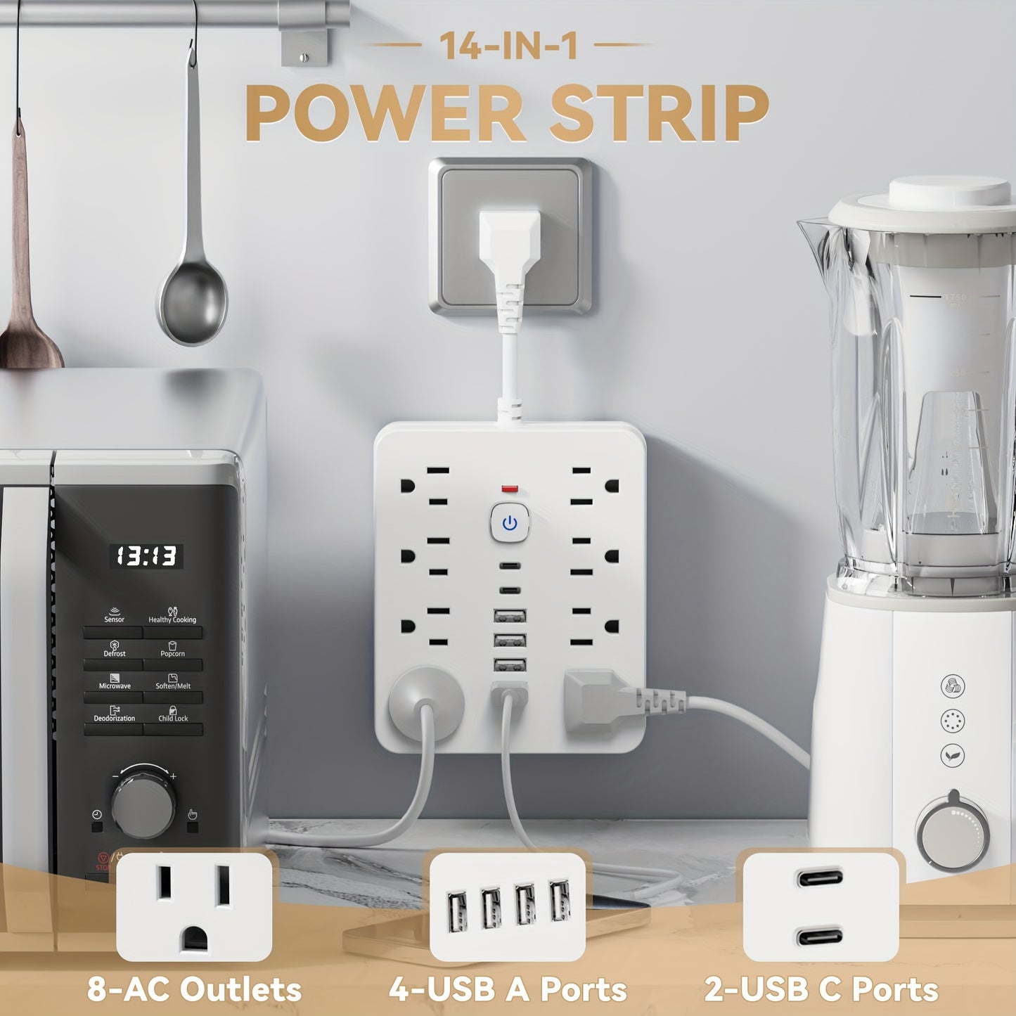 1pc Rectangle USB Charging Station, 8 Outlets with 6 USB (2 USB C) Charging Ports, Multi Plug Outlet Extender, Flexible short charging cable, Flat Plug, Wall Mount, with Surge Protection, On and off switch, 110V/220V Power Su