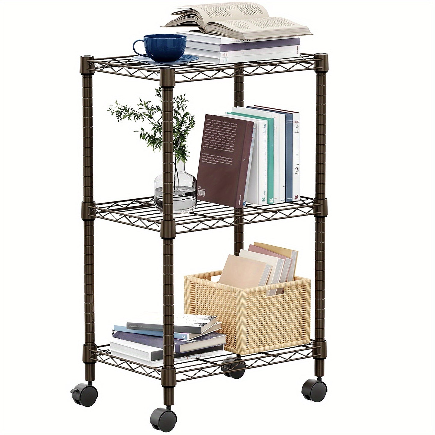 Adjustable Height Heavy-Duty Steel Wire Shelving Unit with 4-Wheel Mobility & Leveling Feet - 3-Tier Metal Storage Shelves with Chrome Finish, Space-Saving Freestanding Organizer for Kitchen, Bathroom, Garage, Laundry Room -