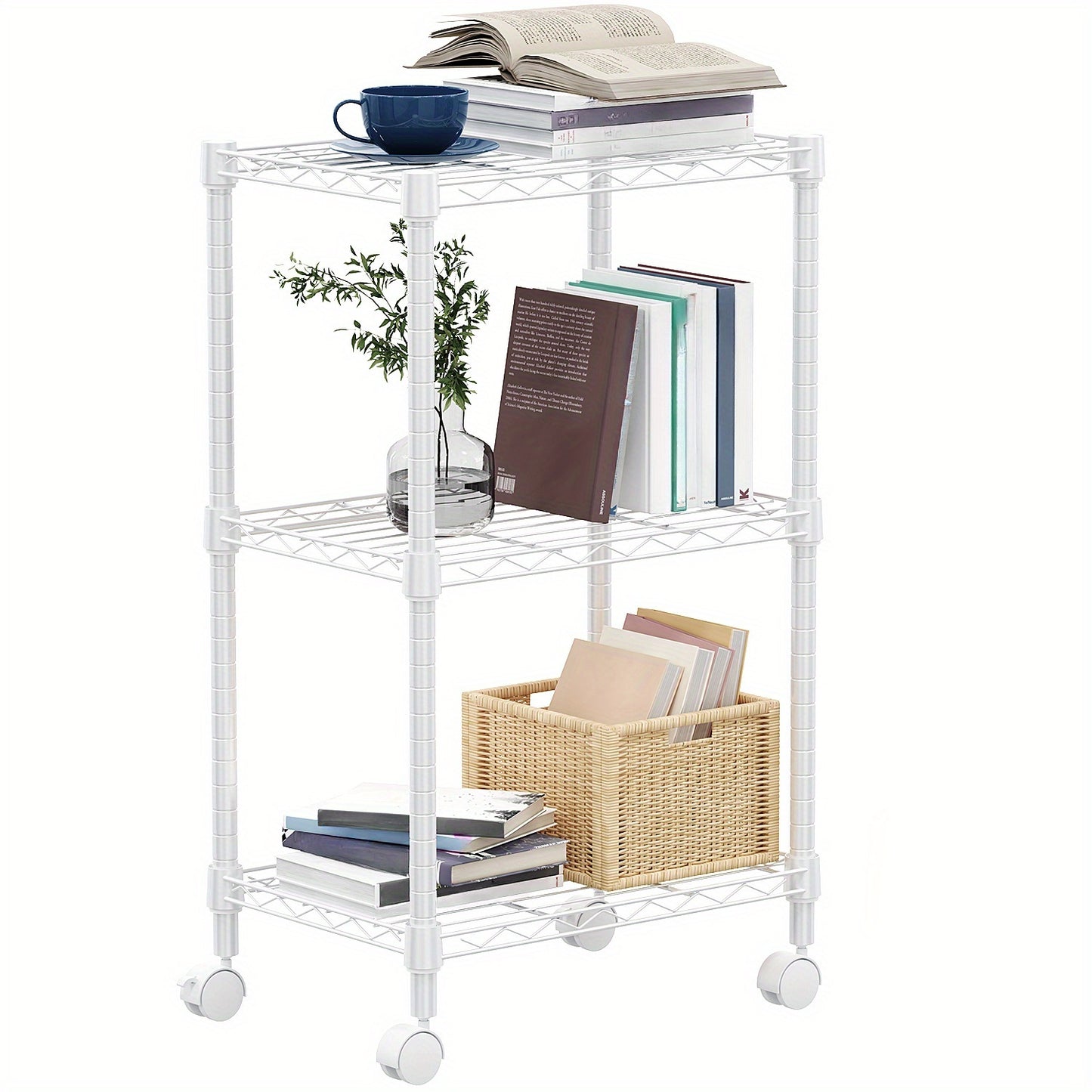 Adjustable Height Heavy-Duty Steel Wire Shelving Unit with 4-Wheel Mobility & Leveling Feet - 3-Tier Metal Storage Shelves with Chrome Finish, Space-Saving Freestanding Organizer for Kitchen, Bathroom, Garage, Laundry Room -