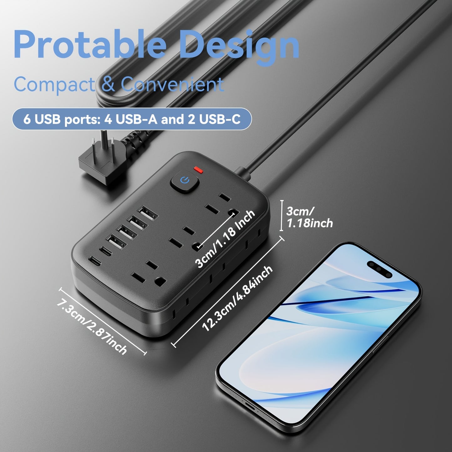 Slim 6-Outlet Power Strip with 6 USB Connections (2 USB-C) | 5FT/10FT Cable, Suitable for Wall Mounting in Offices, Schools, And Dormitories