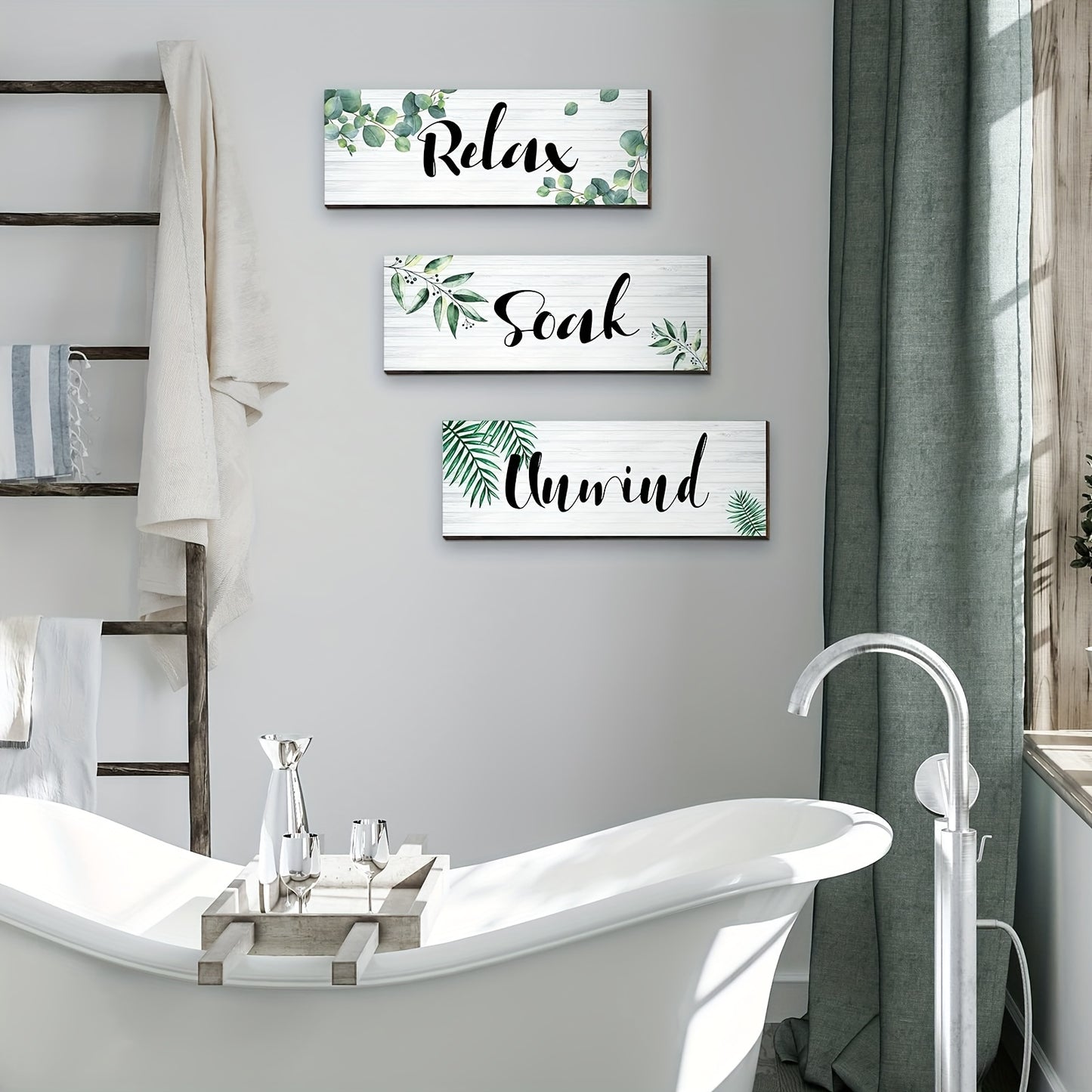 3pcs Wooden Sage Green Bathroom Wall Decor, Relaxing Soaking Relaxation Farmhouse Bathroom Wall Sign, Botanical Green Wooden Wall Art Decor for Bathroom Bedroom Living Room Decor