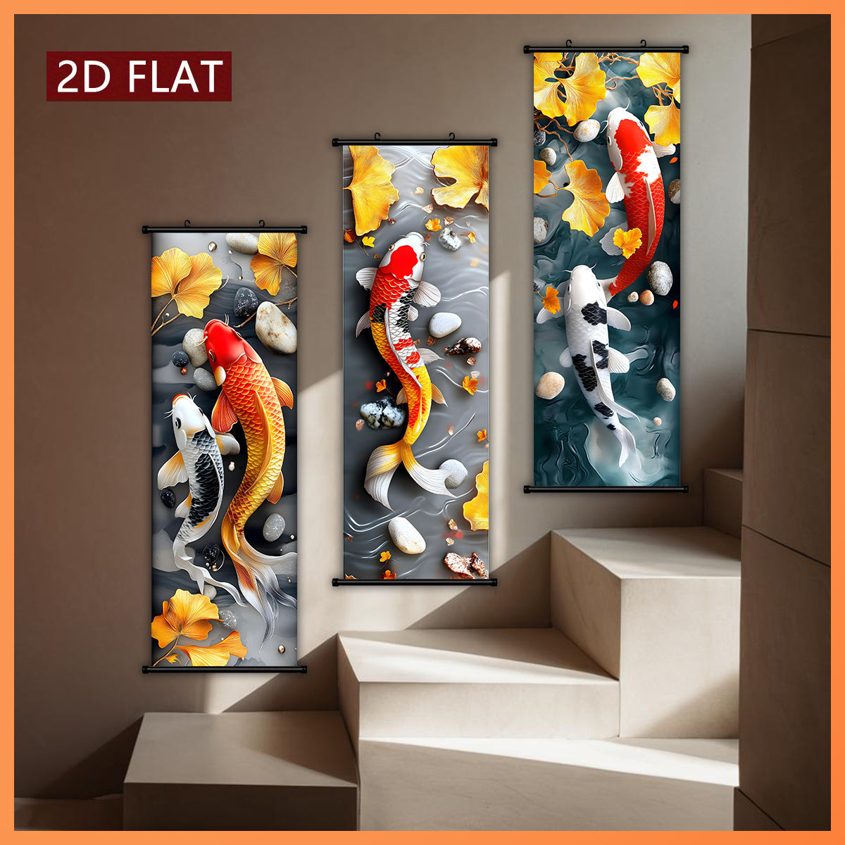 3pcs Chinese Fengshui Ink Koi Carp and Ginkgo Scroll Painting Set, 3D Embossed Craftsmanship, Suitable for Living Room and Study Wall Decoration, New Year Housewarming Gift, Auspicious Attract Wealth Artistic Gift