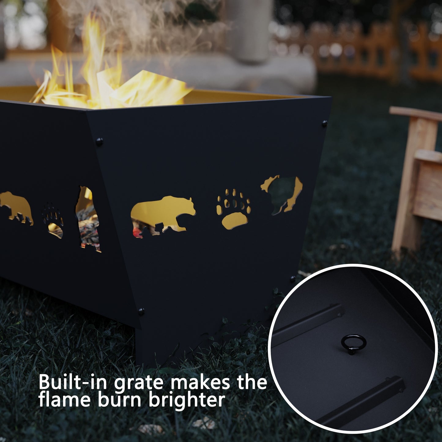 Spacious 26" High Steel Fire Pit with Wildlife Silhouettes - Rectangular Wood Burning Outdoor Fireplace, Mesh Screen Cover Included - Perfect for Patio, Backyard, Garden, Beach & Camping, Fire Pit Accessories
