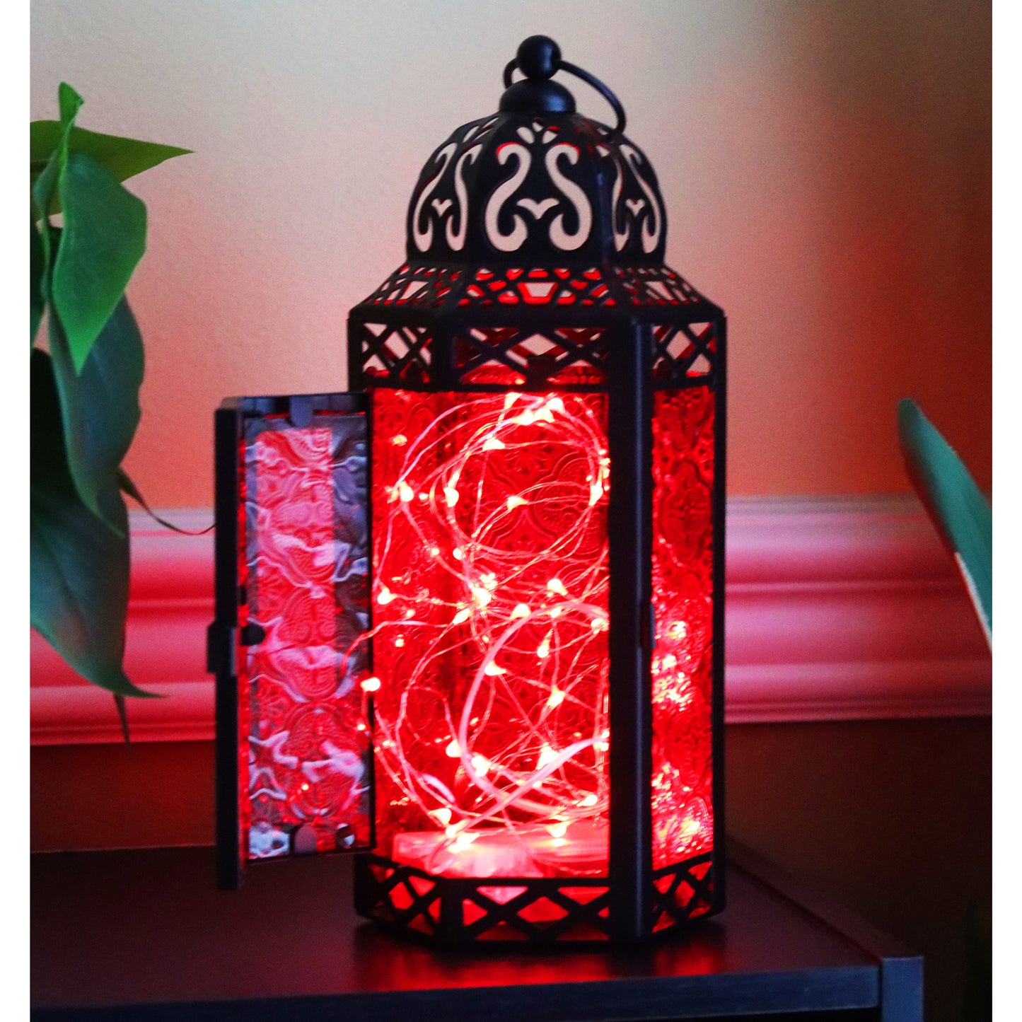 Stunning Ambient Lighting Safe and Stylish Glass Metal Moroccan Candle Lantern Holder Lamp with Battery-Operated LED Lights plus Remote Control – Handcrafted Lantern with Intricate Design and Embossed Glass, Indoor Home Dec