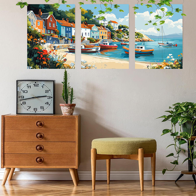 Coastal Village Canvas Wall Art - 3pcs Framed Boat and Seaside Town Print Set - 12x16 Inch Ready to Hang Paintings for Living Room, Dining Area Decoration
