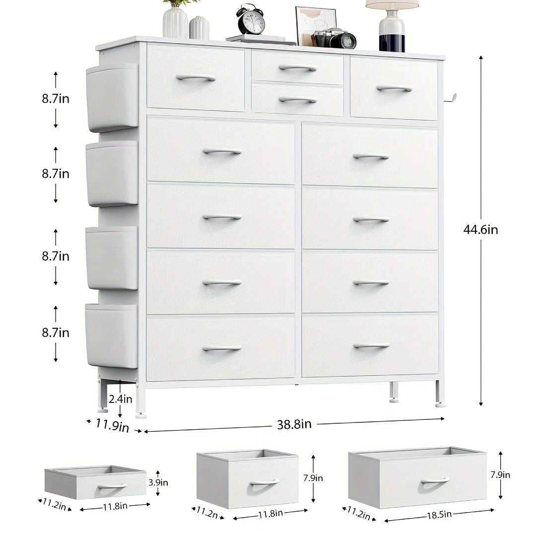 AOWOS 12 Drawer Fabric Dresser with Metal Frame And Wooden Tabletop, Chest of Drawers with Side Pockets And Hooks, Storage Dresser, Fabric Storage Tower, Fabric Drawer Organizer for Bedroom, Living Room, Closet, Hallway