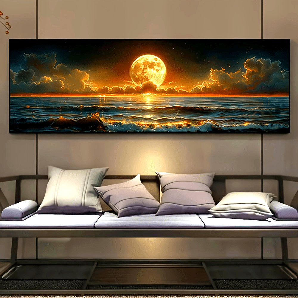 1pc Moonlight Sea View Canvas Poster - Frameless, Nostalgic Farmhouse Style Wall Art, Vibrant Ocean & Full Moon Print, Perfect for Kitchen, Home Office, Bathroom, Living Room, Bedroom - Indoor & Outdoor Decor, Coastal Home De