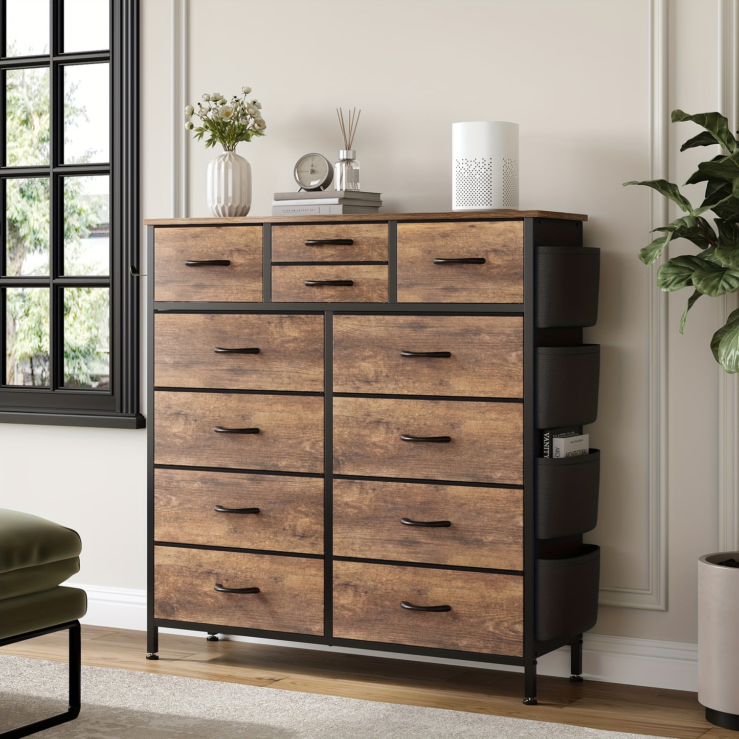 AOWOS 12 Drawer Fabric Dresser with Metal Frame And Wooden Tabletop, Chest of Drawers with Side Pockets And Hooks, Storage Dresser, Fabric Storage Tower, Fabric Drawer Organizer for Bedroom, Living Room, Closet, Hallway