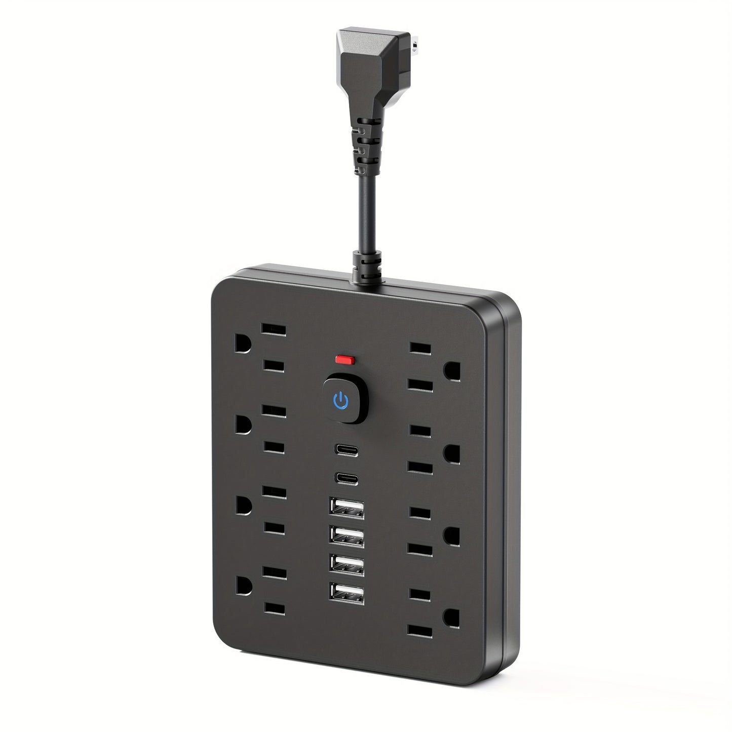 1pc Rectangle USB Charging Station, 8 Outlets with 6 USB (2 USB C) Charging Ports, Multi Plug Outlet Extender, Flexible short charging cable, Flat Plug, Wall Mount, with Surge Protection, On and off switch, 110V/220V Power Su