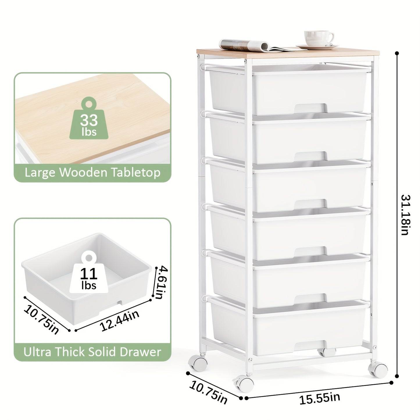 TOOLF Rolling Storage Cart With Drawers, Utility Cart With 6 Drawers And Tabletop, Craft Storage Cart With Lockable Wheels For Bedroom, Office, Classroom, Living Room