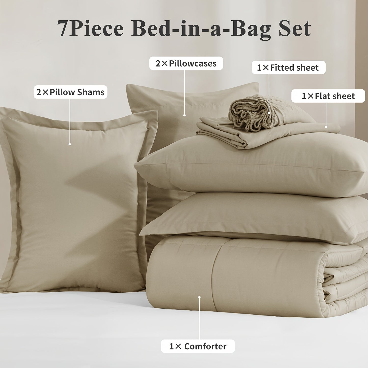 7pcs Ultra-Soft Bed In A Bag, Down Alternative Bedding Sets with All Season Quilted Comforter, Flat Sheet, Fitted Sheet, Pillowcases - Gifts for The Family And Friends, RUIKASI, Machine Washable, Polyester 100, Acrylic 15, Sa