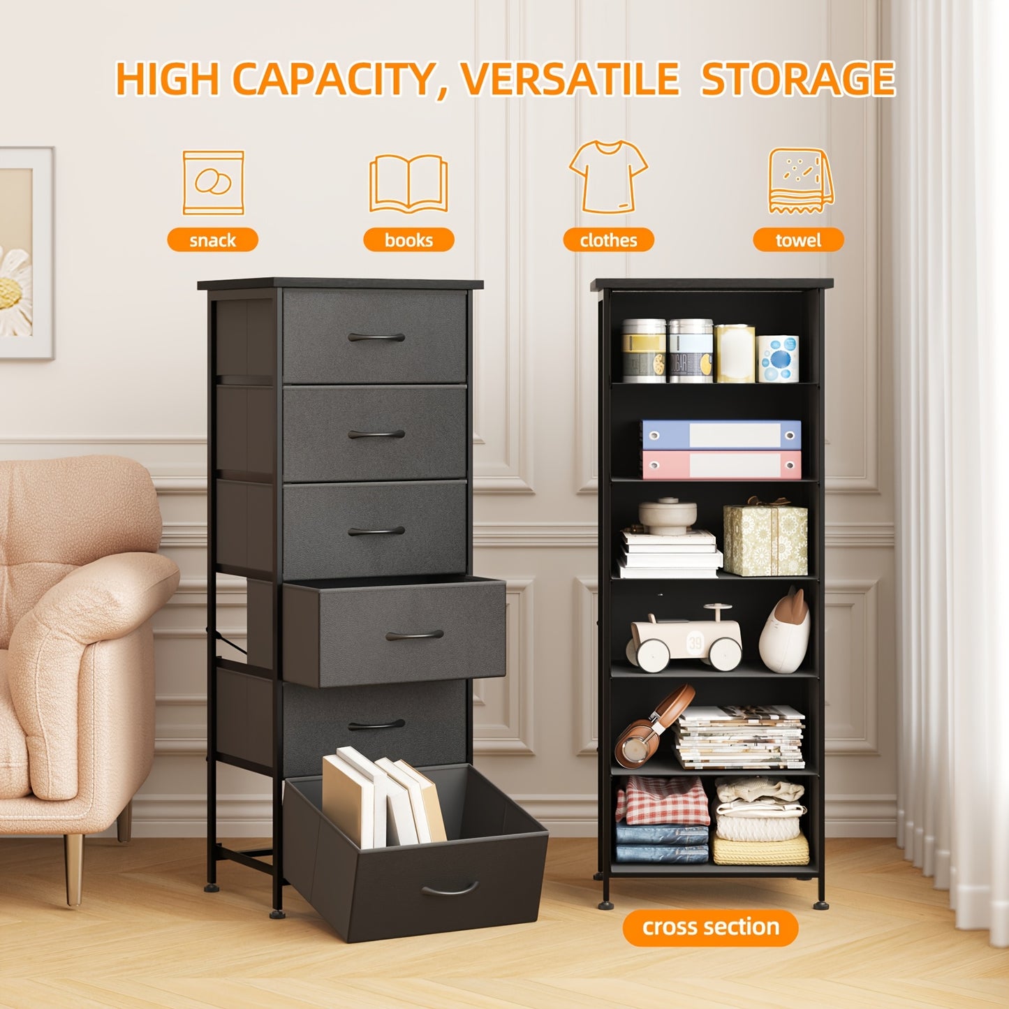 Fabric Dresser, 6-Drawer Tall Dresser for Bedroom, Storage Organizer with Fabric Bins, Wood Top, Sturdy Steel Frame, Chest Of Drawers for Closet, Hallway, Black, for Halloween And Christmas