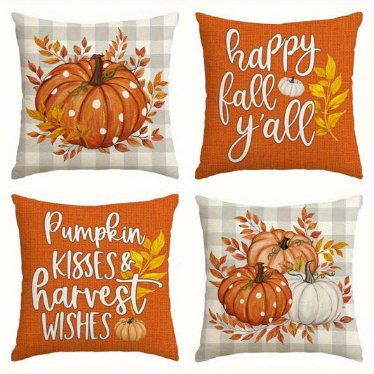 4pcs Autumn Harvest Decorative Throw Pillow Covers - Farmhouse Fall Cushion Cases with Pumpkin, Happy Fall y'all Text - Machine Washable Zipper Closure for Thanksgiving, Living Room, Porch, Outdoor Sofa - Available in 14x14,