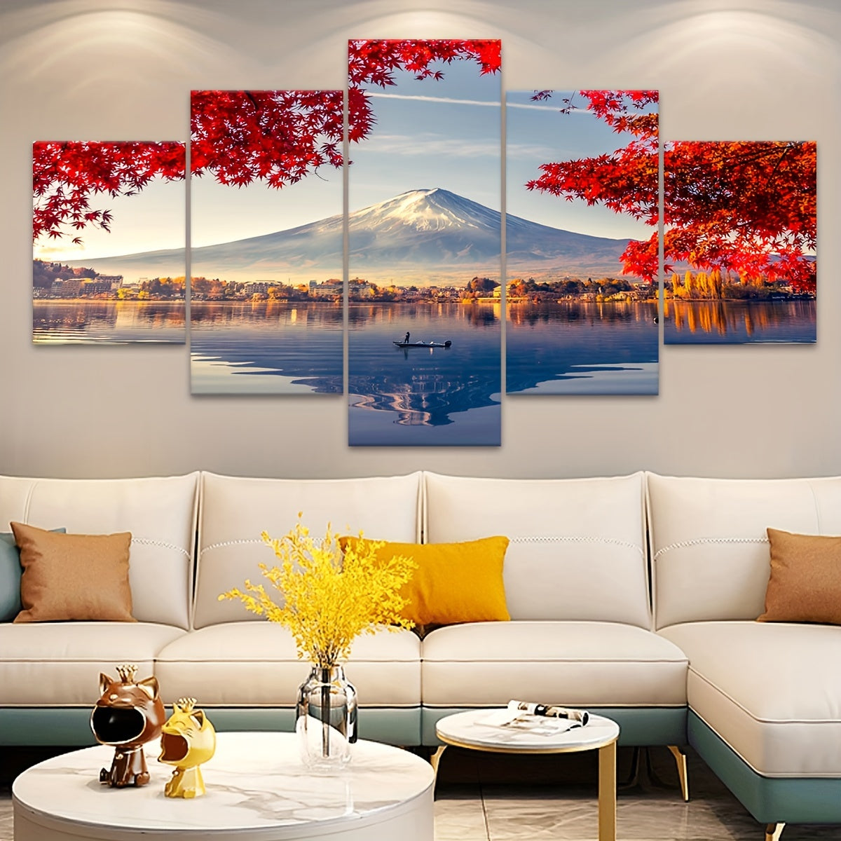 5pcs Frame Snowy Mountains And Lakes Maple Leaf Tree Canvas Poster, Natural Landscape Five Panel Scene Art, Modular Picture, Print Painting, Modern Art, Ideal Decor for Bedroom Living Room Kitchen Dorm, Wall Decoration, Gift