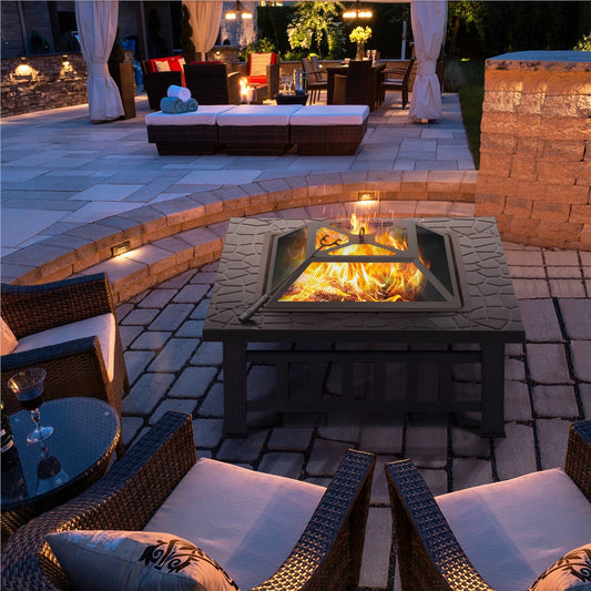 Costoffs Halloween 32in/34in Outdoor Multi-functional Fire Pit Wood Fire Pit Table for Patio Camping Square Firepit for Barbecue, Heating, Cooling w/Cover, Poker