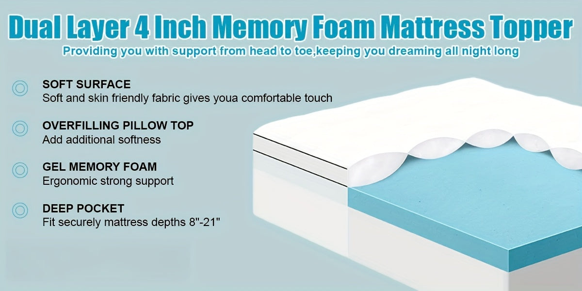 White Extra-Thick Double-Layer Full-Size Mattress Topper with 2-Inch & 2-Inch Down Alternative, 8-21 Inch Deep Pockets, Machine Washable Brushed Fabric, Zipper Closure - Premium Sleep Experience