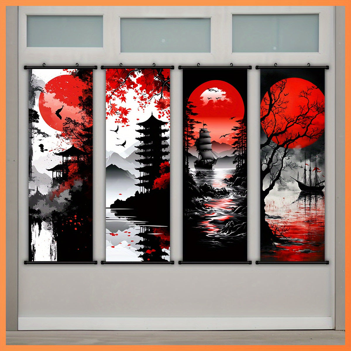 [Japanese Canvas Art] 4pcs Set of Japanese Landscape Canvas Wall Art - Featuring Traditional Red And Black Scroll Paintings - Made from High-Quality Canvas Material - Ready to Hang - with Elegant Wall Decor Suitable for Livin