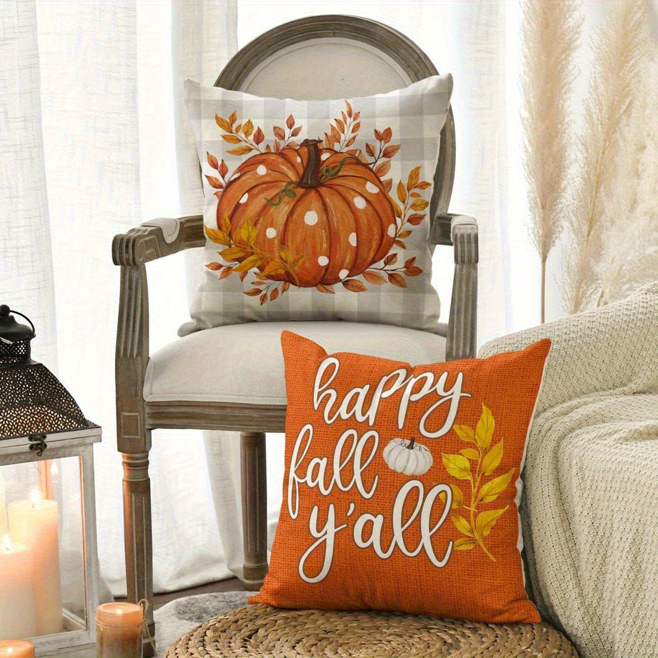 4pcs Autumn Harvest Decorative Throw Pillow Covers - Farmhouse Fall Cushion Cases with Pumpkin, Happy Fall y'all Text - Machine Washable Zipper Closure for Thanksgiving, Living Room, Porch, Outdoor Sofa - Available in 14x14,
