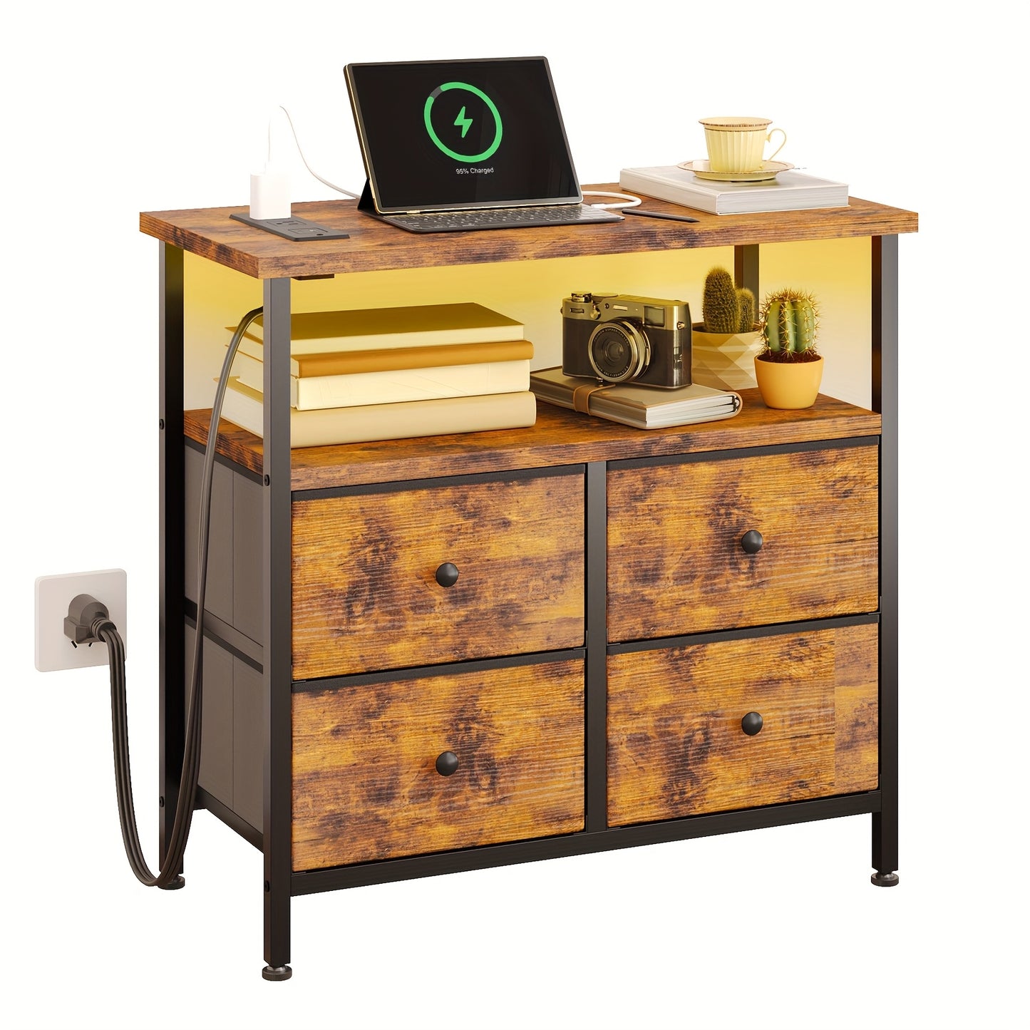WHONLINE Night Stand with Charge Station, Bedside Table, Nightstand with 4 Drawers Bedside Table, LED Storgae Cabinet with Open Storage Shelf, Side Table for Bedroom Office, School And Dormitory Storage, for Halloween And Chr