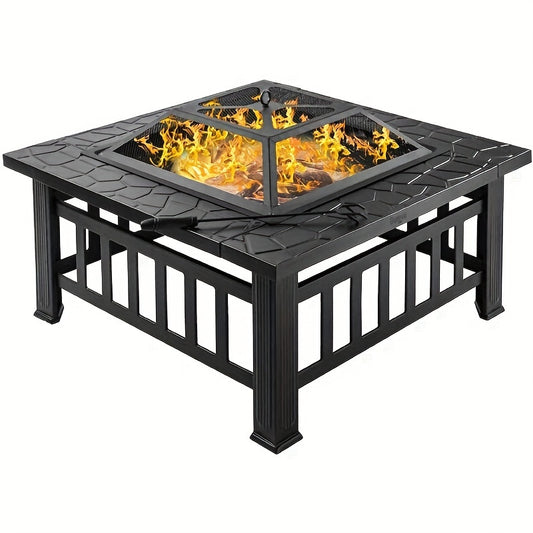 32-inch 3-in-1 Square Fire Pit Table with BBQ Grill - Heavy-Duty Rust-Proof Steel Outdoor Firepit, Includes Rain Cover & Fire Poker, Portable Camping & Backyard Essential for Patio, Garden, Thanksgiving & Christmas Gatherings