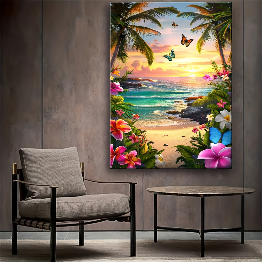 1pc Tropical Beach Canvas Painting - Sunset Palm Trees, Turquoise Ocean & Floral Shoreline - Wooden Framed Coastal Wall Art Decor for Living Room, Bedroom, Bathroom - Ready-to-Hang Paradise Decorations, Detailed Artwork