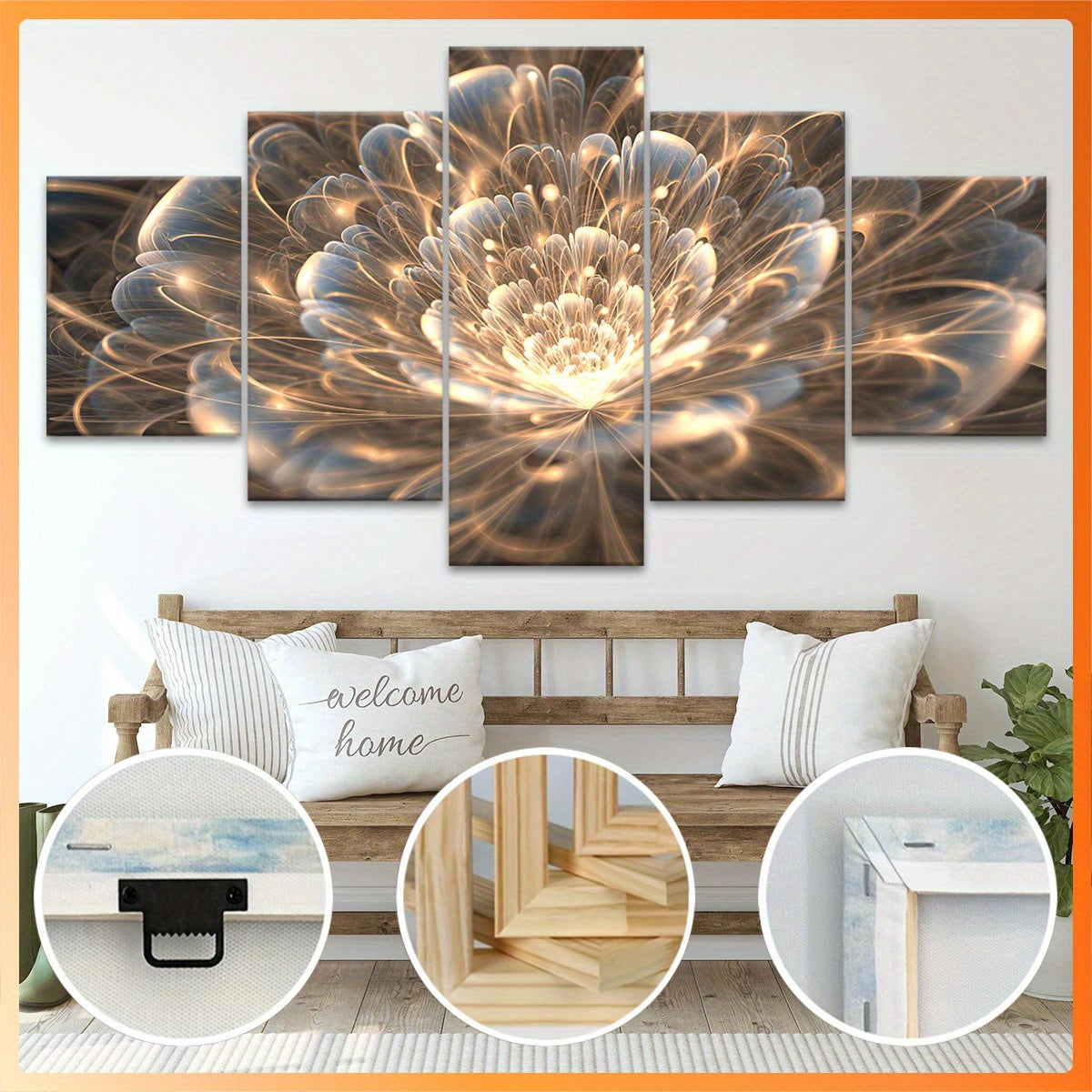 2D Flat, [2D FLAT] 5pcs Wooden Framed Canvas, Buddhist for Lotus Theme Poster, Pattern Art for Home Decoration, Wall Decor for Living Room, Bedroom, Office, Bar, Restaurant, High Quality Waterproof Painting, HD Artwork., 2D F