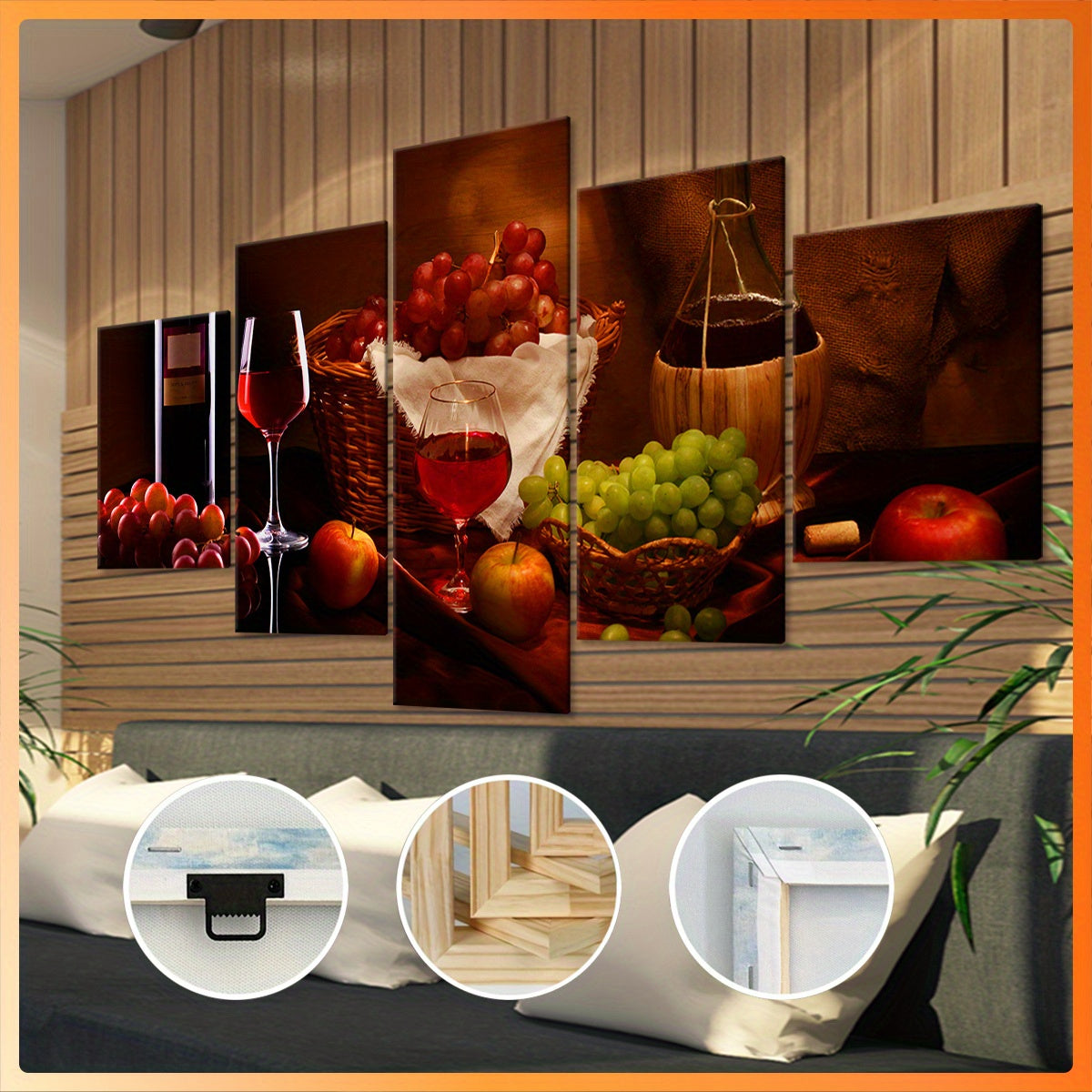 5pcs Exquisite Wooden Framed Wine Painting Canvas, Good Gift for Friend, Pattern Art for Home Decoration, Wall Decor for Living Room, Bedroom, Office, Bar, Restaurant, Waterproof, Odorless Painting, High Quality Waterproof Fr