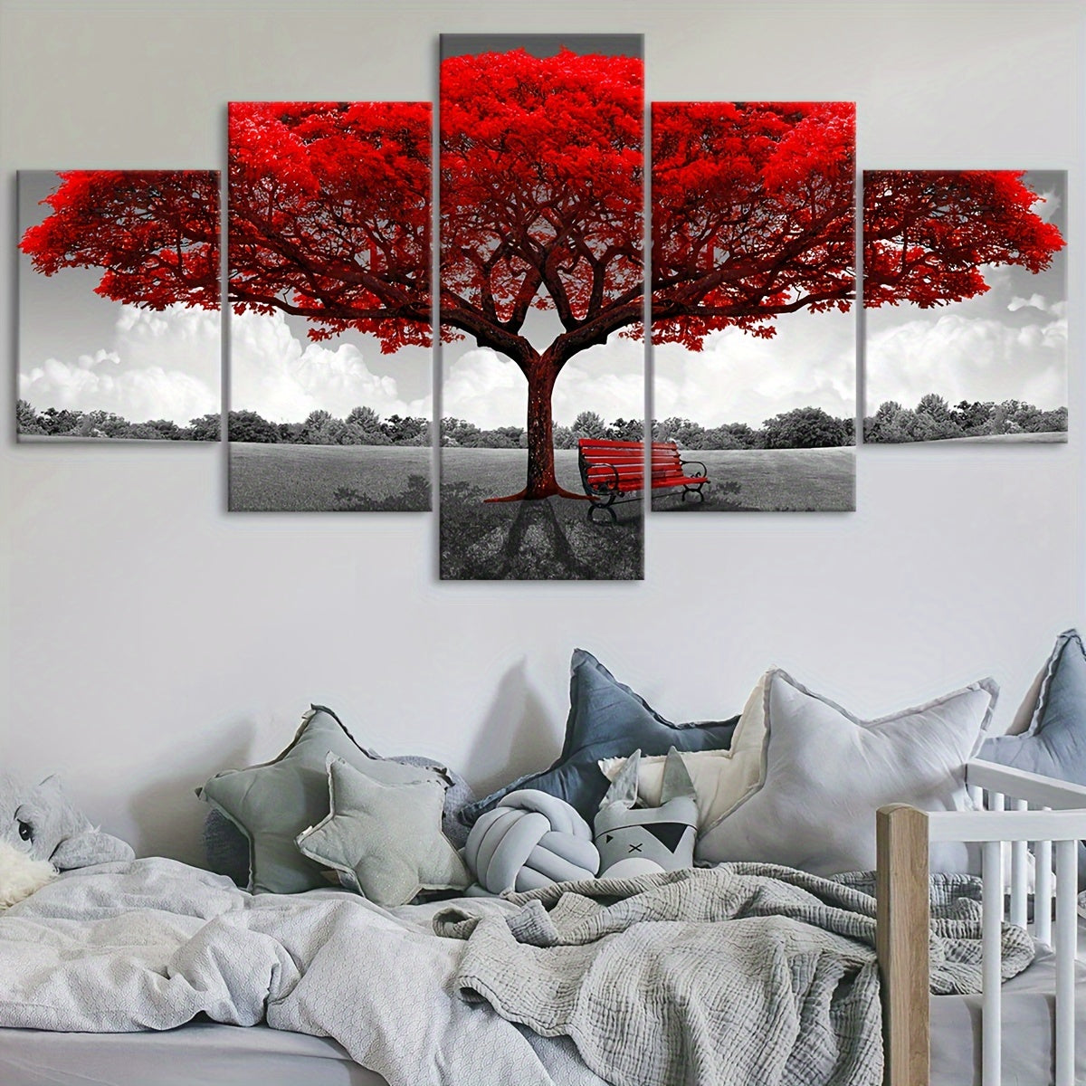 2D Flat, [2D FLAT] 5pcs Frame Red Happiness Tree Canvas Poster, Five Panel Scene Art, Modular Picture, Print Painting, Modern Art, Ideal Decor for Bedroom Living Room Kitchen Dorm, Wall Decoration, Gift for Family Friends, Mu