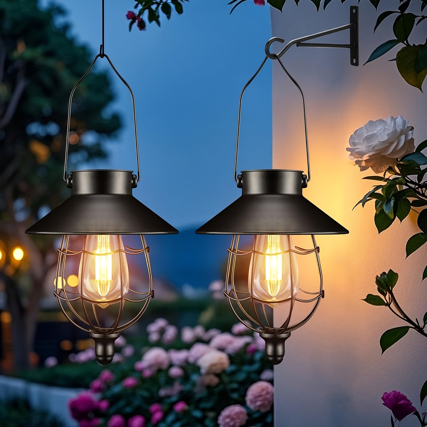 2 Pack Solar Outdoor Lights, Metal Hanging Lantern, Waterproof Solar Lights With Wall Mount Kit Or Porch, Patio, Yard Decor