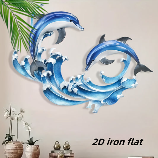 2D Flat, 1pc Metal Dolphin Wall Art Decor - Oceanic Dolphin Leap Design in Blue & White, Sturdy Iron Construction with Base for Indoor/Outdoor - Coastal, Modern, Beach House Decoration - Housewarming, Wedding, Birthday Gift -