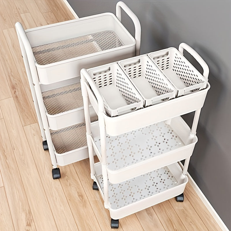 [Durable Storage Cart] Durable Multi-Layer Storage Organizer Cart | Easy to Move, Ideal for Kitchen, Bathroom, Bedroom - White and Black, 2D Flat