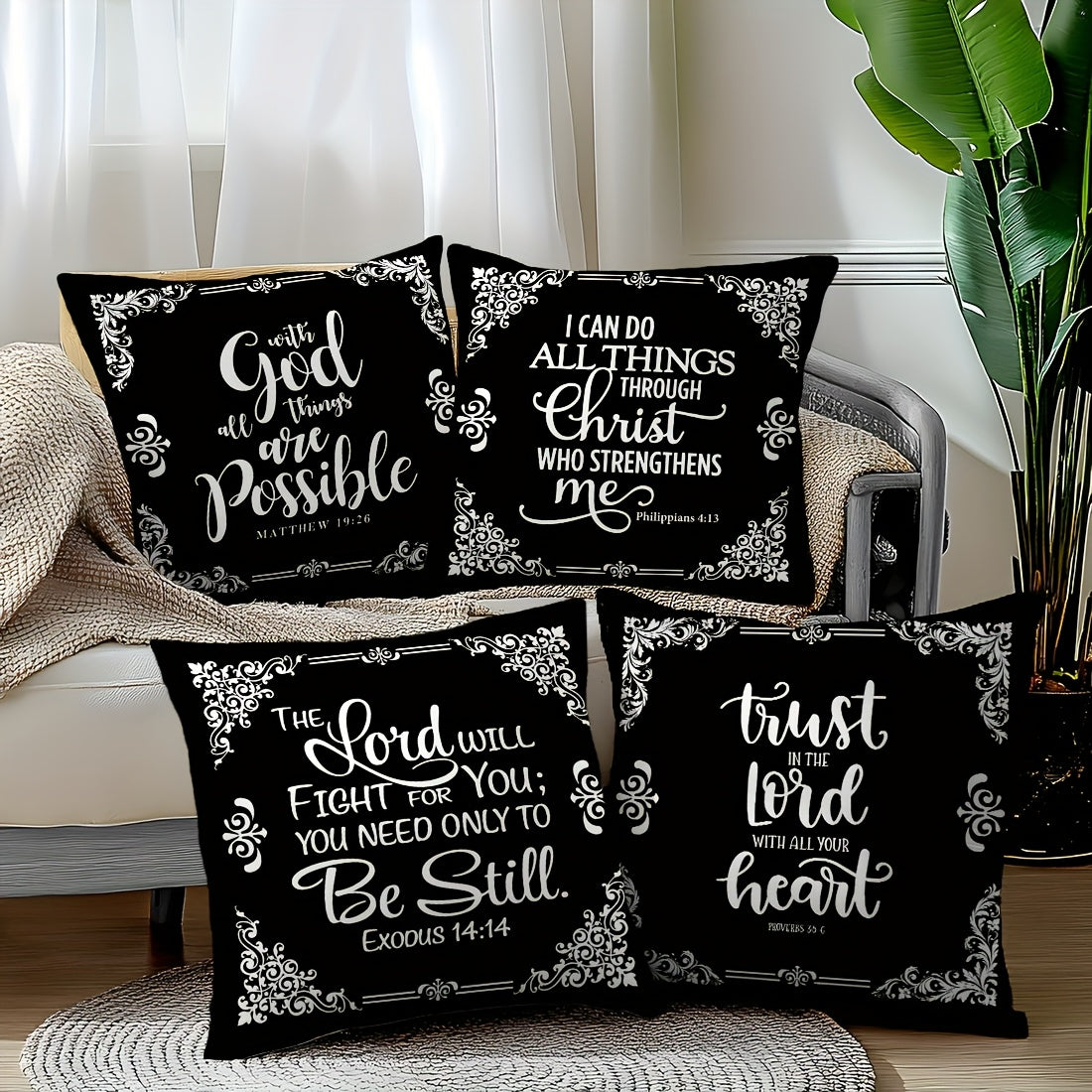 4pcs, Black White Bible Verse Retro Border Throw Pillow Covers, Simple Style Throw Pillow Case, 100% Polyester Peach Skin Material, Single Side Printing 45x45cm/17.71x17.71in, Decorative Cushion Cover For Home Bedroom Sofa Ch