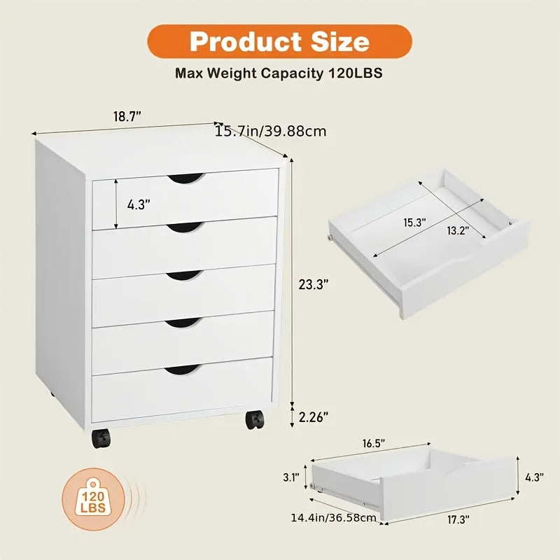 5 Drawer Chest Mobile Storage Cabinets Small Wooden Dresser With Wheels Room Organization Furniture For Office Home