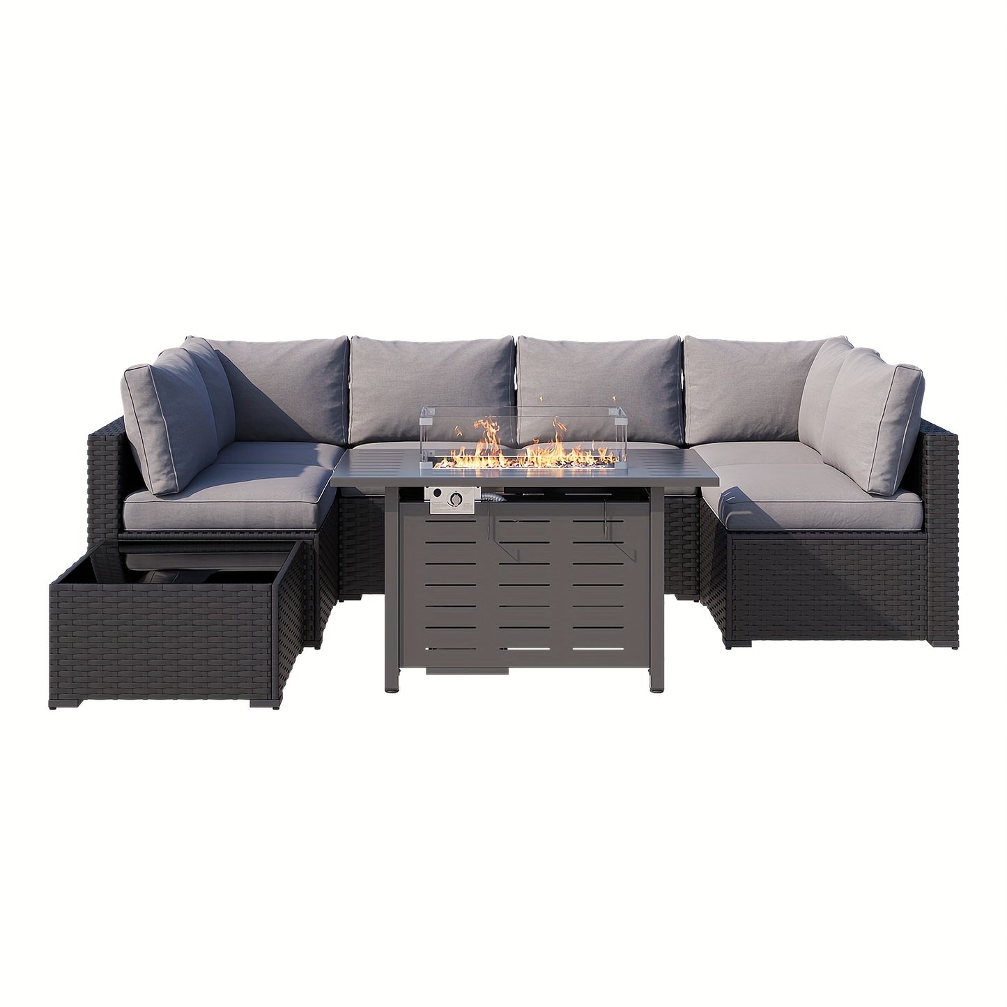 Oneinmil 3 & 8pcs Outdoor Sectional Patio Furniture Set with Fire Pit Table | L-Shaped Wicker Rattan Conversation Set | 4" Thick Waterproof Cushions for All-Weather Seating - Patio Furniture Outdoor for Deck, Garden, Poolside
