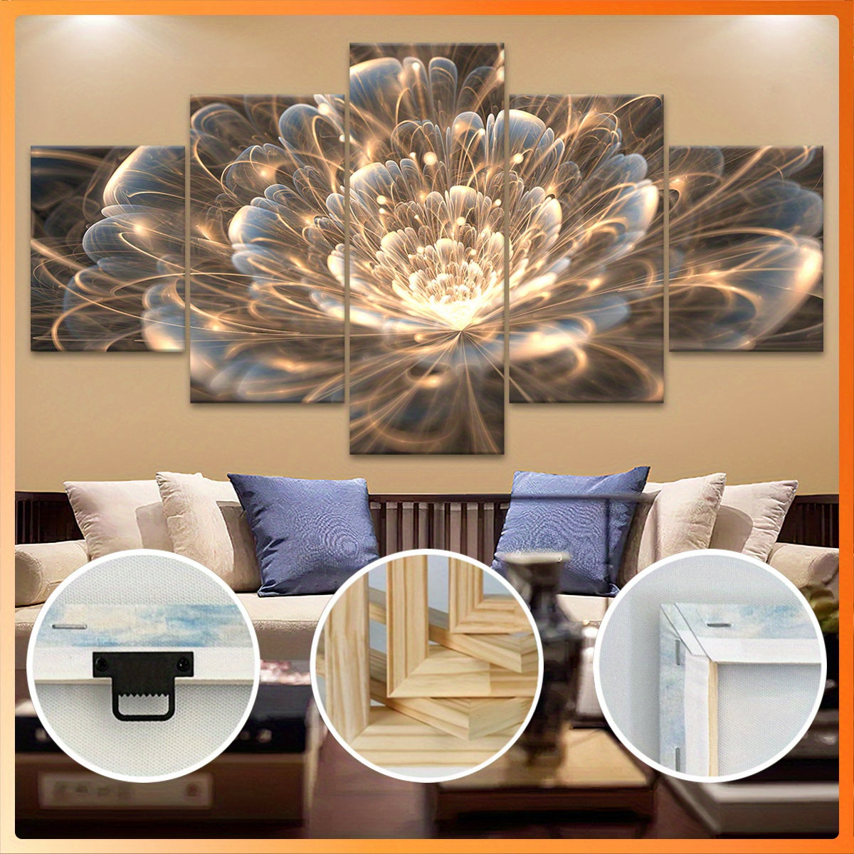 2D Flat, [2D FLAT] 5pcs Wooden Framed Canvas, Buddhist for Lotus Theme Poster, Pattern Art for Home Decoration, Wall Decor for Living Room, Bedroom, Office, Bar, Restaurant, High Quality Waterproof Painting, HD Artwork., 2D F