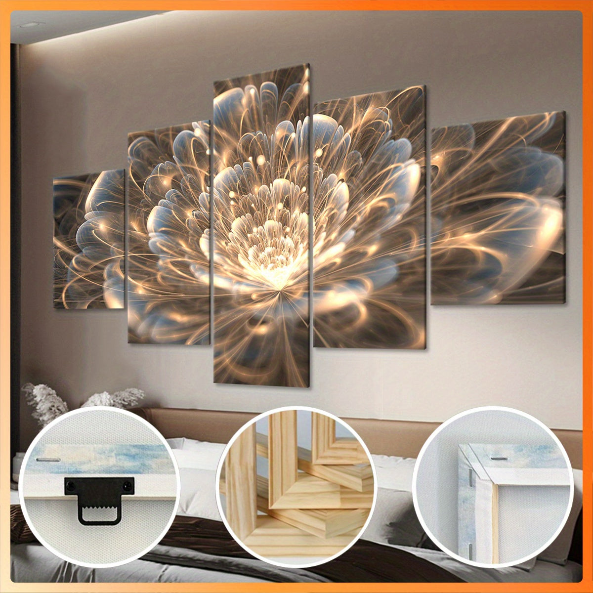 2D Flat, [2D FLAT] 5pcs Wooden Framed Canvas, Buddhist for Lotus Theme Poster, Pattern Art for Home Decoration, Wall Decor for Living Room, Bedroom, Office, Bar, Restaurant, High Quality Waterproof Painting, HD Artwork., 2D F