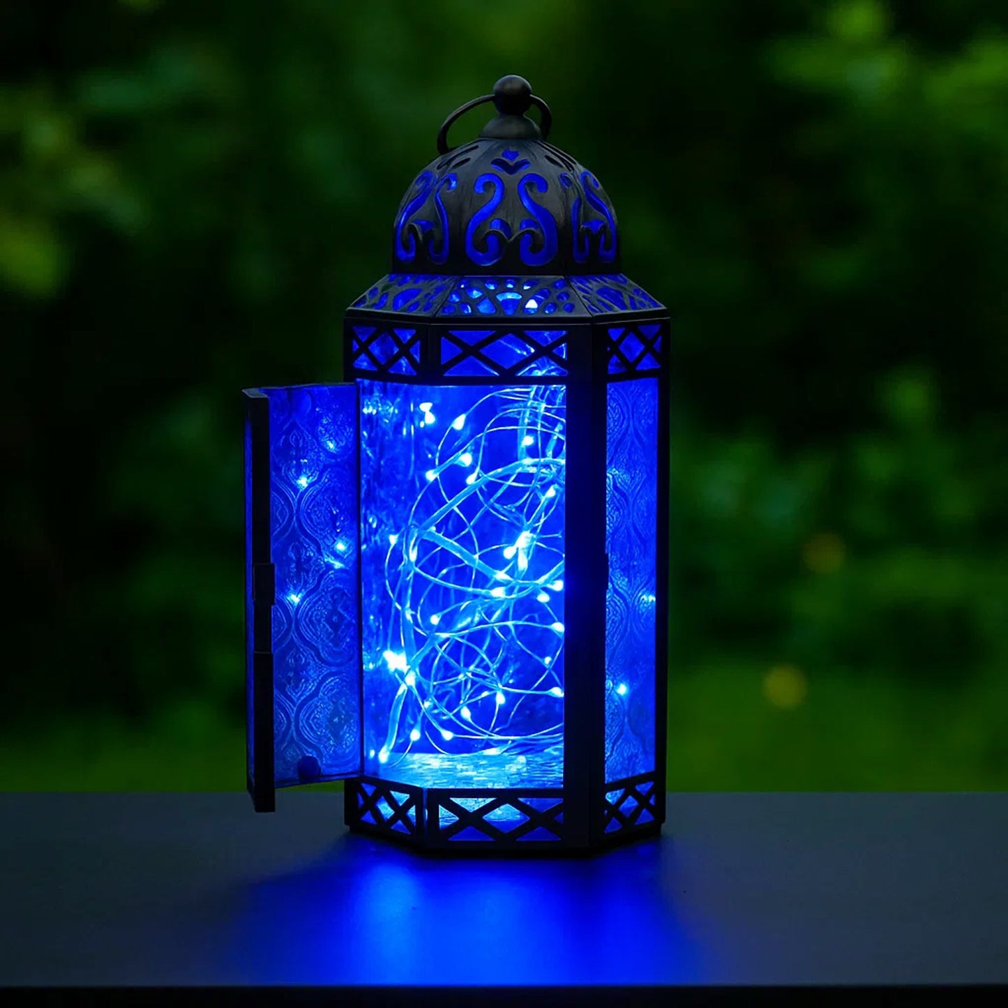 Stunning Ambient Lighting Safe and Stylish Glass Metal Moroccan Candle Lantern Holder Lamp with Battery-Operated LED Lights plus Remote Control – Handcrafted Lantern with Intricate Design and Embossed Glass, Indoor Home Dec