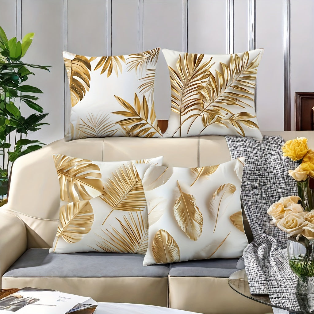 4pcs Golden Leaf Pattern Delicate Texture Pillowcase, 17.72 x 17.72 inches, Room Decoration, Office Decoration, Living Room Decoration, Sofa Decoration, Without Pillow Core