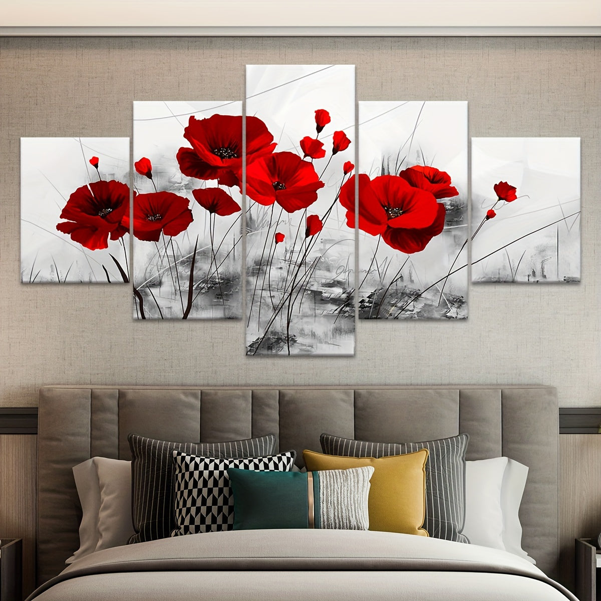 5pcs Modern Red Poppy Canvas Art Set - Vibrant Five-Panel Wall Decor, Waterproof & Odorless, Perfect for Living Room, Bedroom, or Kitchen, Ideal Gift for Family and Friends, Poppy Flower Decor
