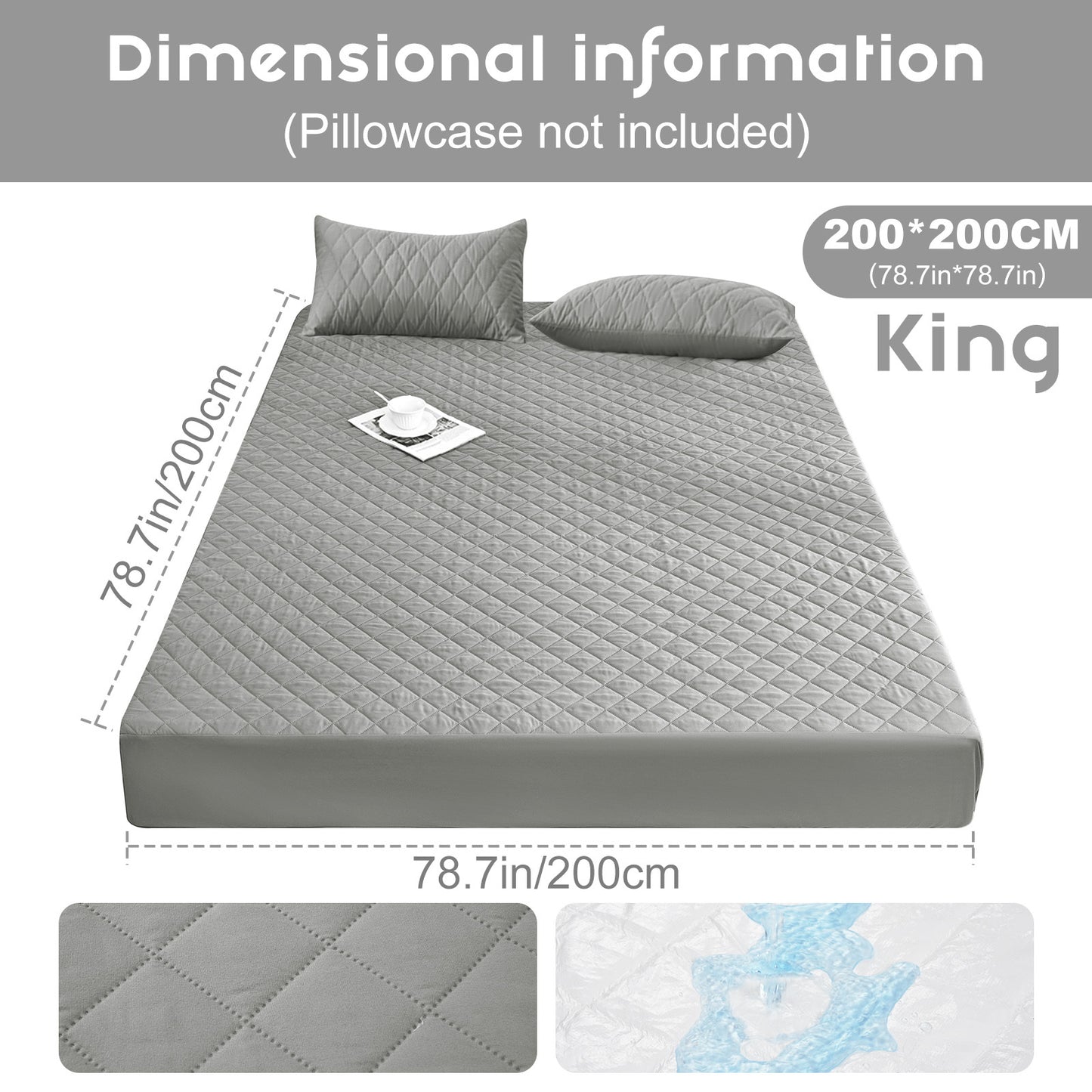 Waterproof Mattress Protector - Super Soft Quilted Polyester, Gray Satin Finish, Elastic Fit with Button Snap Closure, Machine Washable for Home & Hotel Use (Pillowcases Not Included), Comfortable Sleeping, Elegant Bedroom St