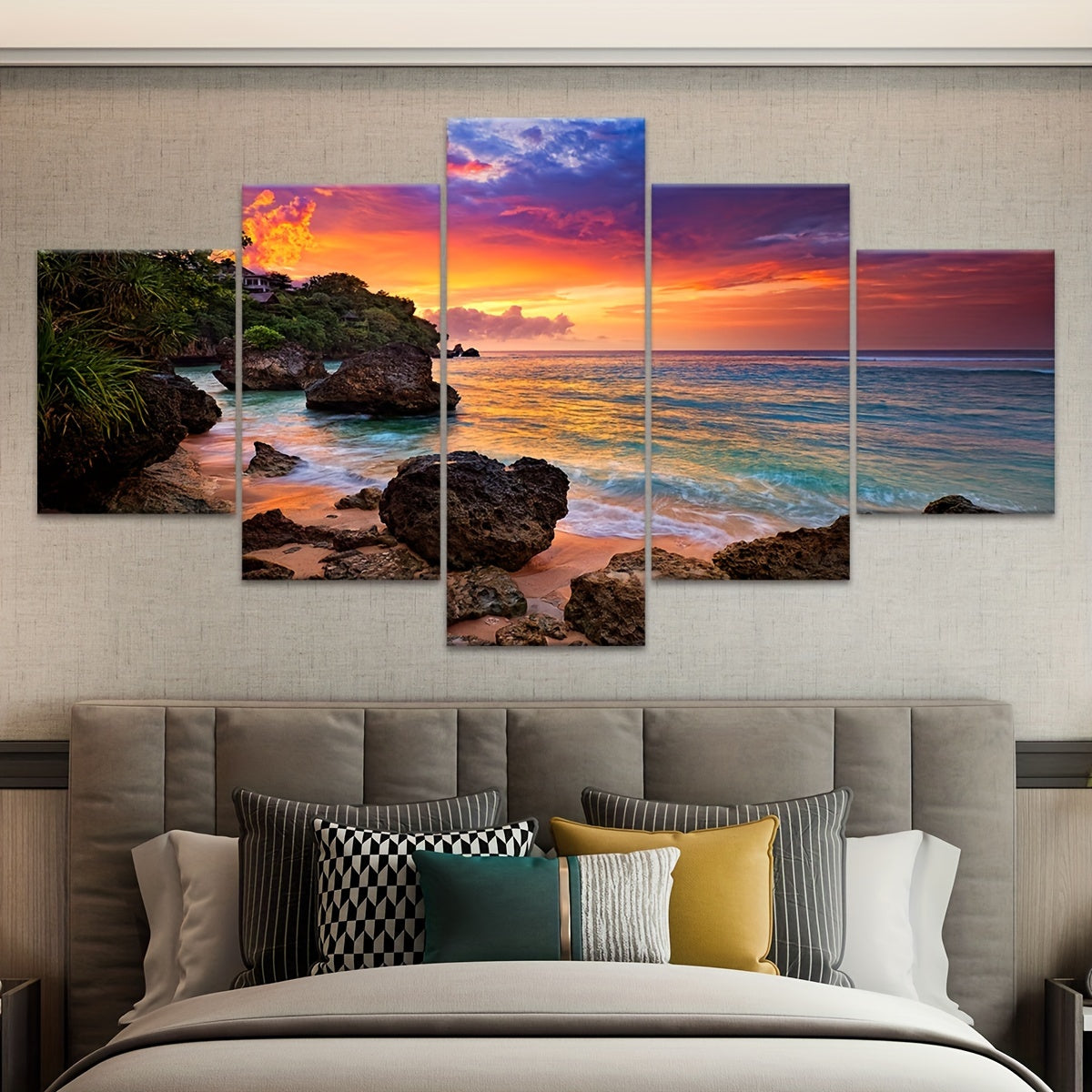 5pcs Frame Nature Seaside Lakes Canvas Poster, Sunrise Sunset Sea View Five Panel Scene Art, Modular Picture, Print Painting, Modern Art, Ideal Decor for Bedroom Living Room Kitchen Dorm, Wall Decoration, Gift for Family Frie