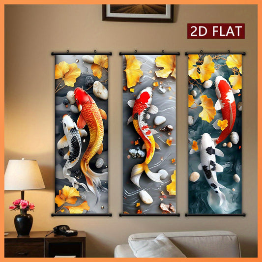 3pcs Chinese Fengshui Ink Koi Carp and Ginkgo Scroll Painting Set, 3D Embossed Craftsmanship, Suitable for Living Room and Study Wall Decoration, New Year Housewarming Gift, Auspicious Attract Wealth Artistic Gift