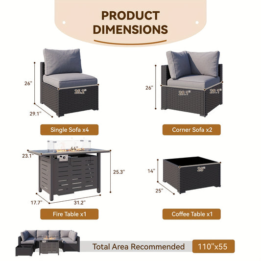 Oneinmil 3 & 8pcs Outdoor Sectional Patio Furniture Set with Fire Pit Table | L-Shaped Wicker Rattan Conversation Set | 4" Thick Waterproof Cushions for All-Weather Seating - Patio Furniture Outdoor for Deck, Garden, Poolside