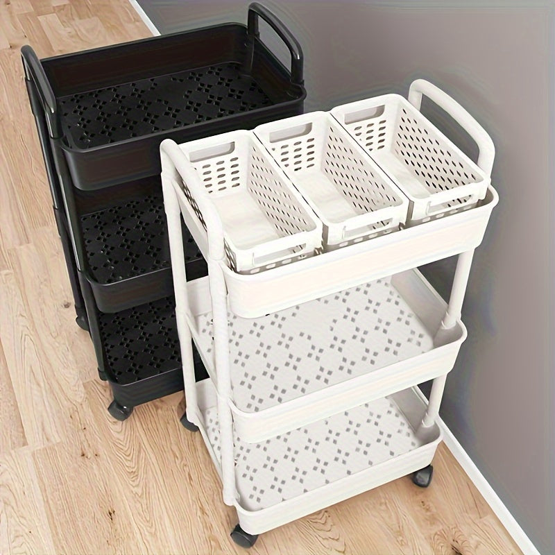 [Durable Storage Cart] Durable Multi-Layer Storage Organizer Cart | Easy to Move, Ideal for Kitchen, Bathroom, Bedroom - White and Black, 2D Flat