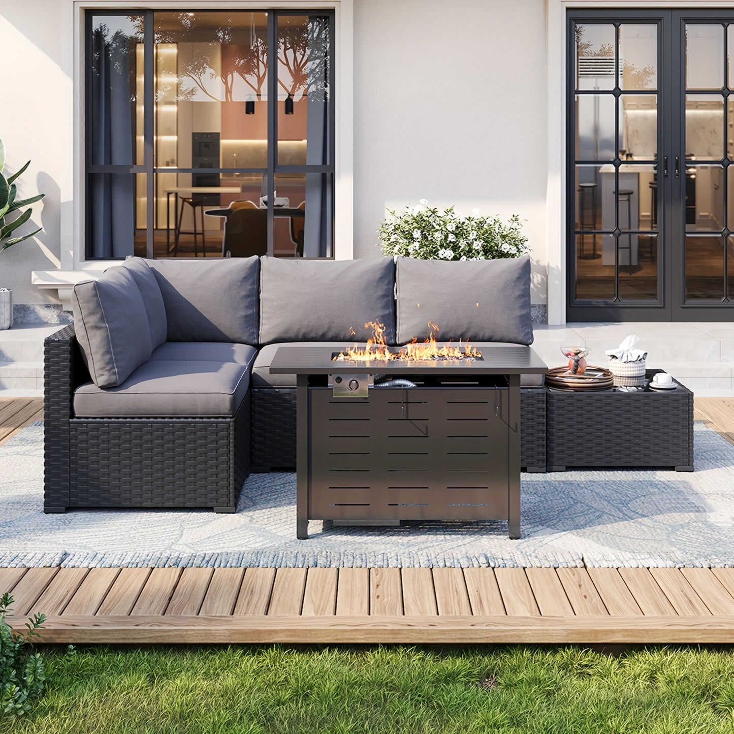 Oneinmil 3 & 8pcs Outdoor Sectional Patio Furniture Set with Fire Pit Table | L-Shaped Wicker Rattan Conversation Set | 4" Thick Waterproof Cushions for All-Weather Seating - Patio Furniture Outdoor for Deck, Garden, Poolside
