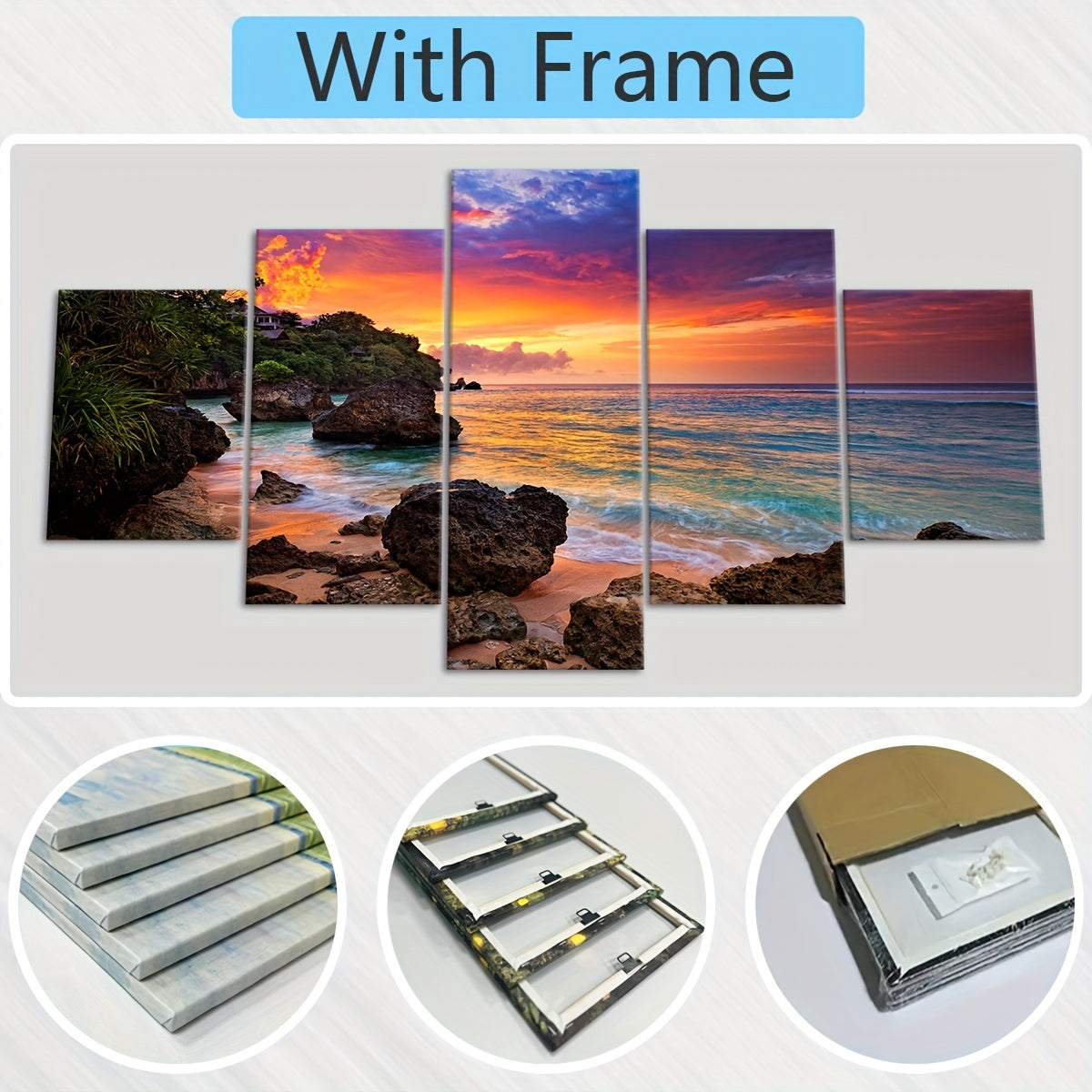 5pcs Frame Nature Seaside Lakes Canvas Poster, Sunrise Sunset Sea View Five Panel Scene Art, Modular Picture, Print Painting, Modern Art, Ideal Decor for Bedroom Living Room Kitchen Dorm, Wall Decoration, Gift for Family Frie