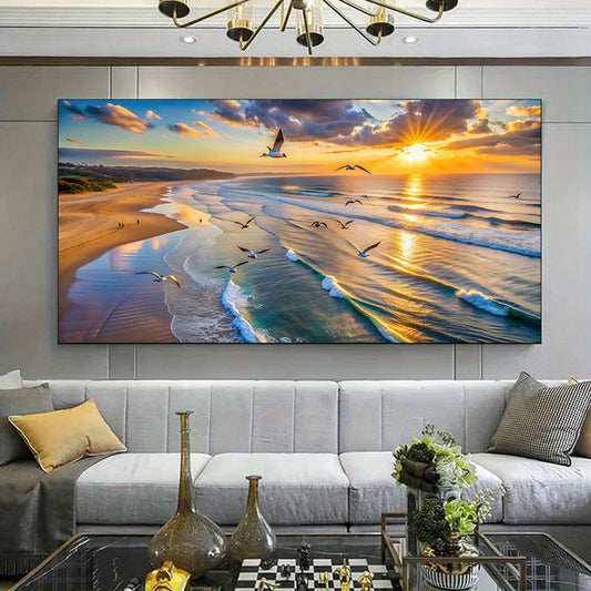 1pc Frameless Modern Beach Sunset Canvas Poster, 27.55x55.11 inches, Waves and Seagulls Wall Art for Bedroom and Living Room Decor, No Frame, Coastal Home Decor