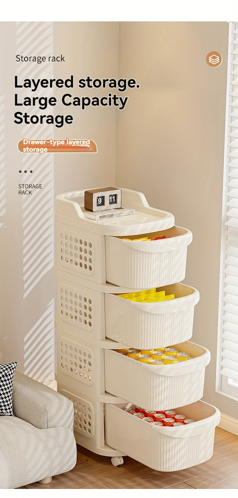 [ZHOHO Polypropylene Storage Cart] ZHOHO 1pc Polypropylene Rectangular Storage Organizer Cart - Multipurpose Non-Waterproof Cabinet with Wheels - Ideal for Kitchen, Living Room, Snacks, Toys, Christmas & Halloween Decor