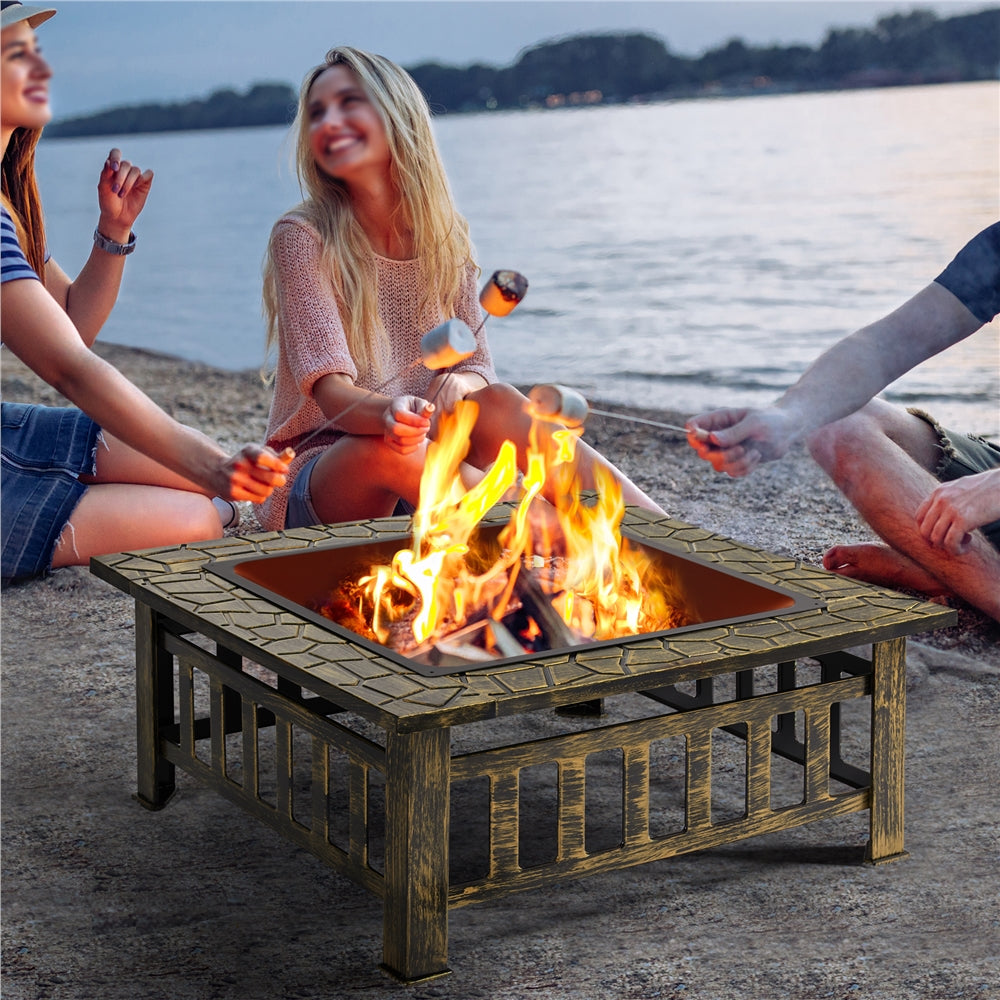 Costoffs Halloween 32in/34in Outdoor Multi-functional Fire Pit Wood Fire Pit Table for Patio Camping Square Firepit for Barbecue, Heating, Cooling w/Cover, Poker